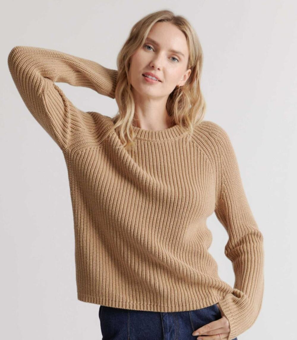 Quince Tan Brown Fisherman Cropped Sweater 100% Cotton Women's Small
